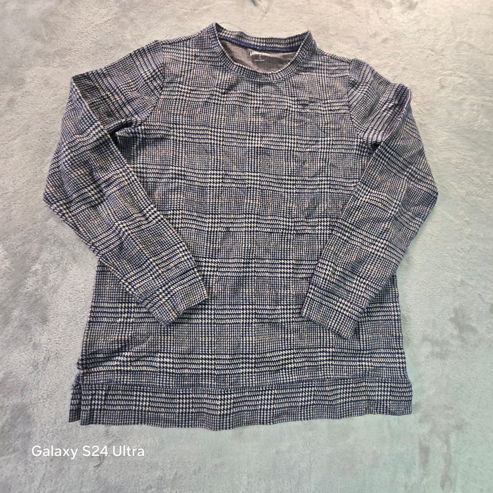 Lands End Womens Glen Plaid Long Sleeve Crew Neck Top Navy Blue White Small